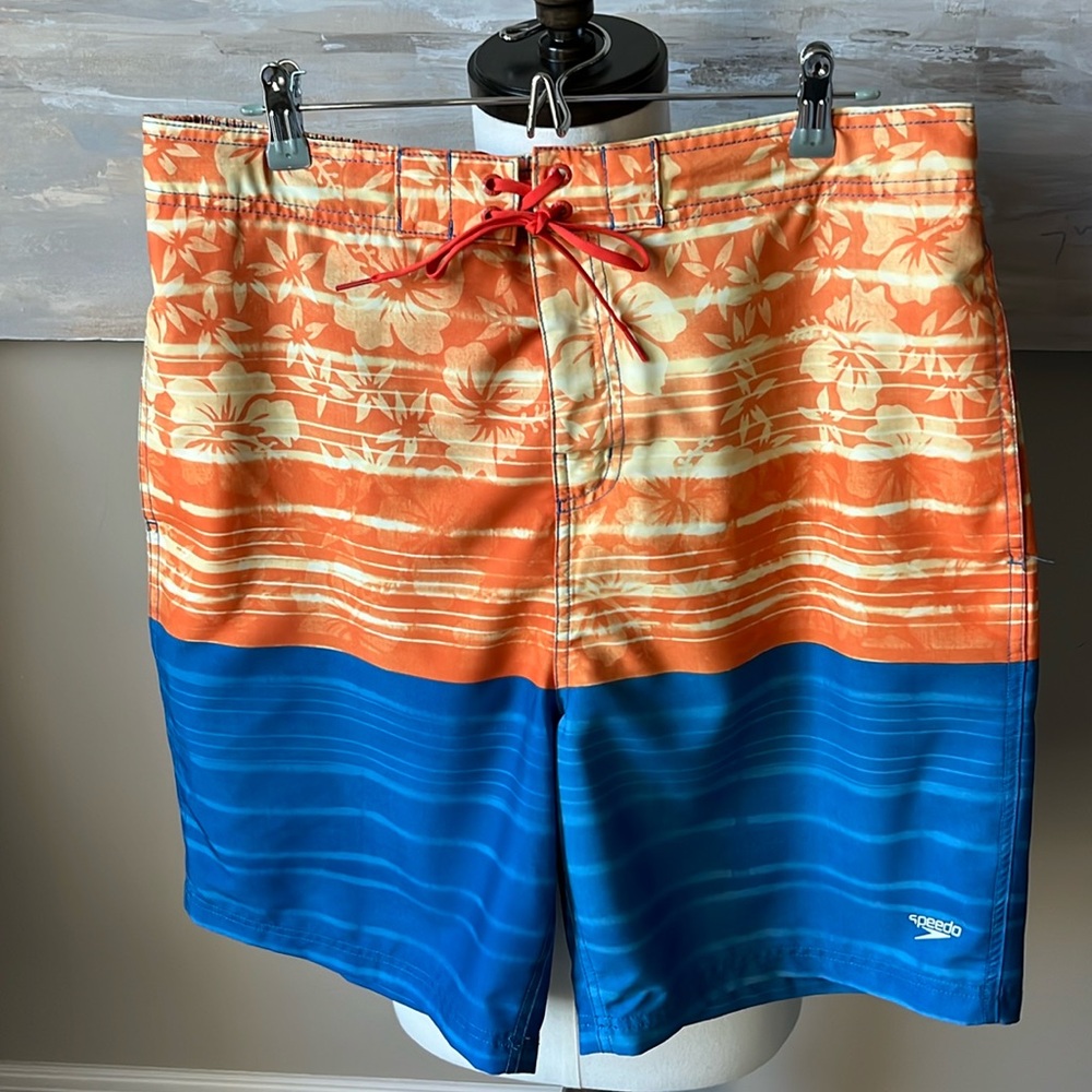 Speedo orange and blue swim trunks